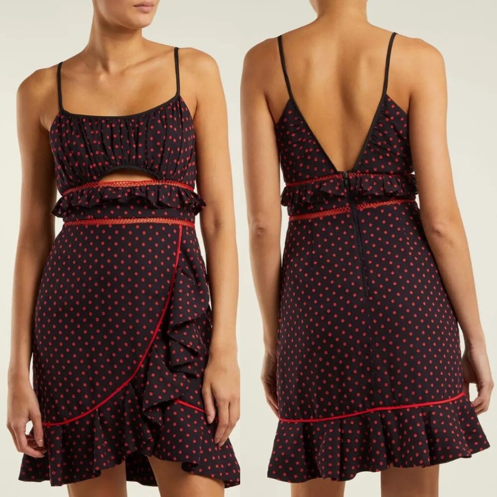 Self-Portrait Tank Mini Dress Polka Dot Front Cut-out Ruffled Wrap Skirt Size 6